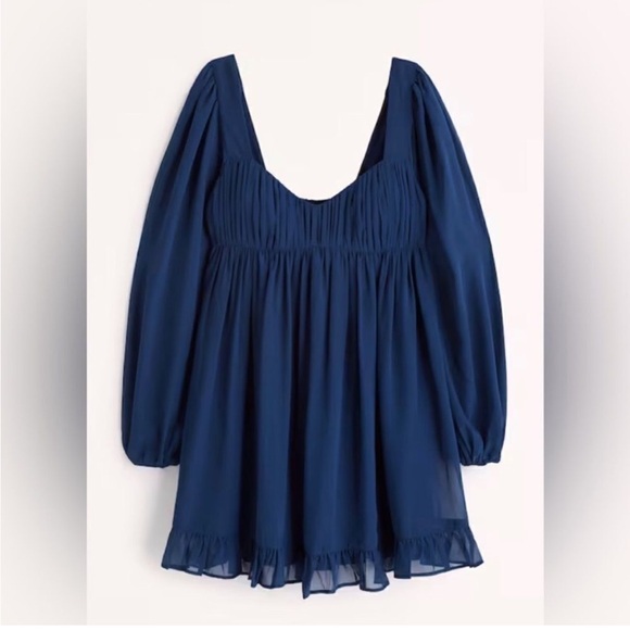 Abercrombie Long-Sleeve Ruched Babydoll Mini Dress in Blue - Picture 1 of 8